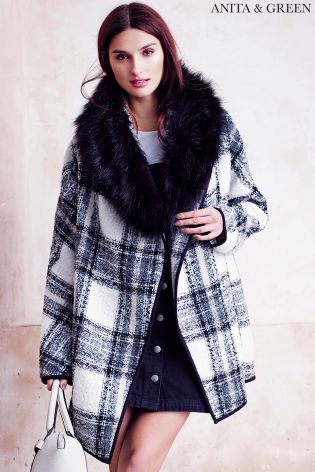 Anita & Green Faux Fur Trim Check Coat